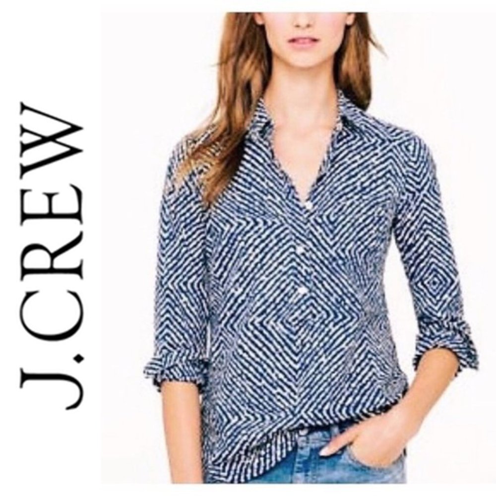 J Crew Blue White Abstract Diamond Popover Blouse